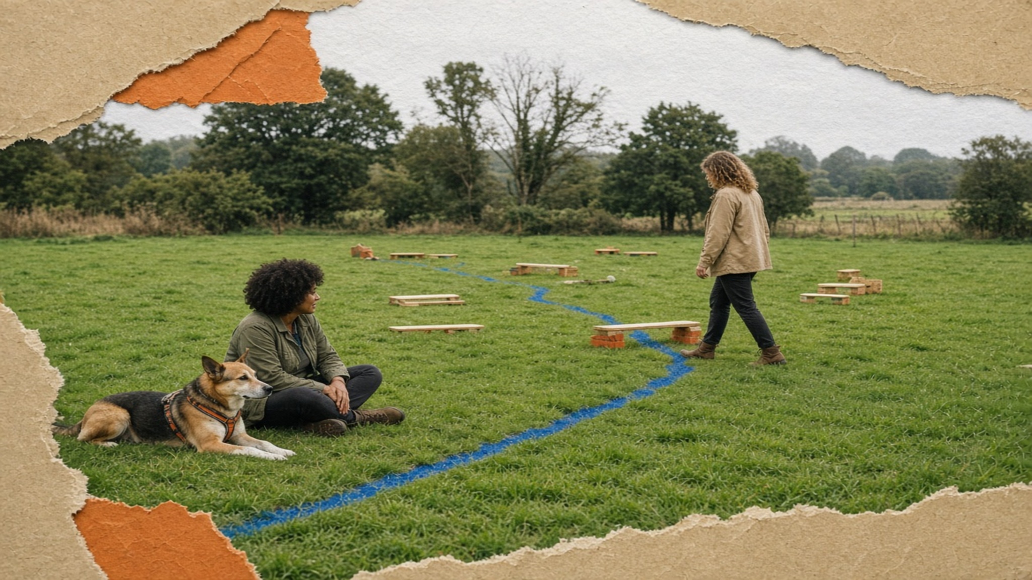 Adult walking an empty, low-impact practice route while a dog rests nearby