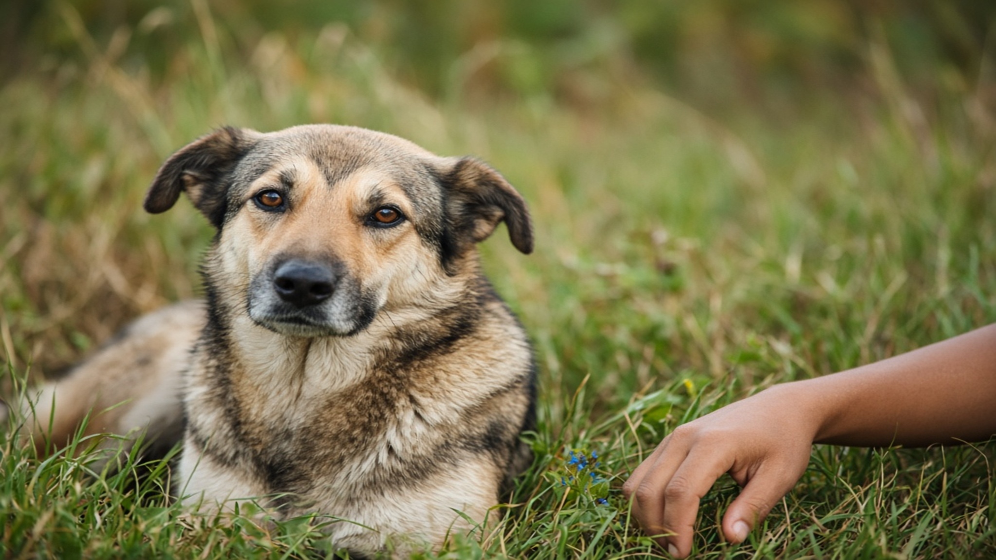 A relaxed dog with a handler nearby